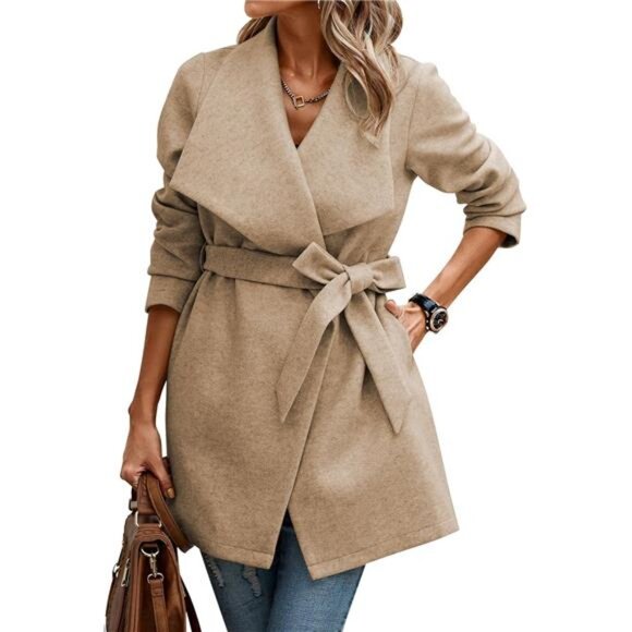 Women's Winter Coat - Casual Lapel Mid-Long Open Front Wool Blend - Picture 1 of 6
